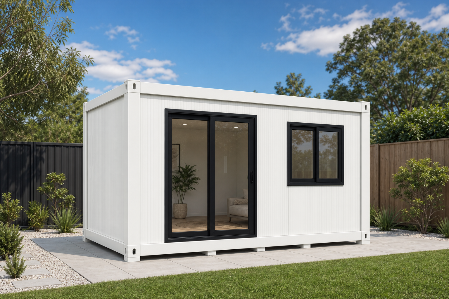 Prefab modular room in surfmist white — backyard studio Adelaide
