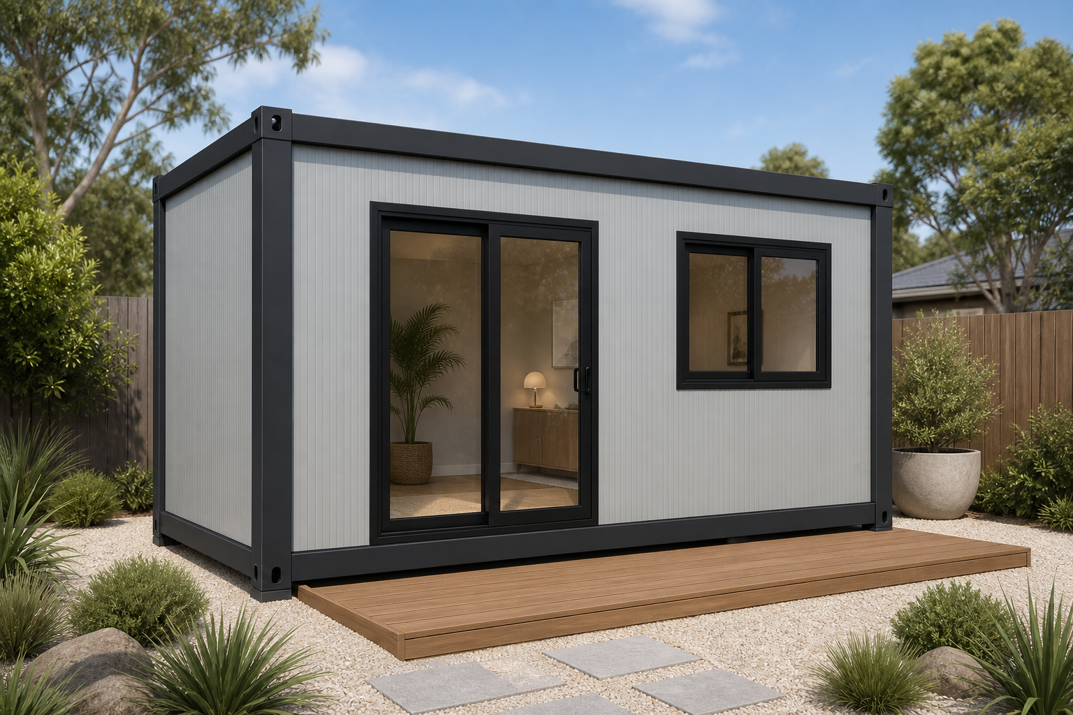 Prefab container house in surfmist and monument — granny flat Adelaide
